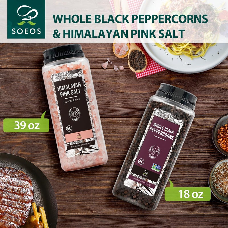 Soeos Himalayan Pink Salt 39 oz + Whole Black Peppercorns 18 oz, Coarse Grain, Kosher Salt for Grinder Refill, Salt and Pepper Grinder, Non-GMO Verified, Spice Seasoning Set for Cooking - Image 3